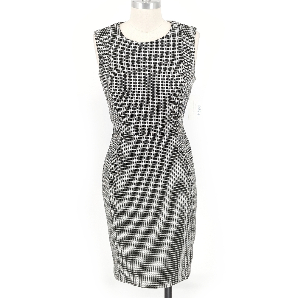 Calvin Klein Square Jacquard Sheath Dress Black White 8 preppy Business casual